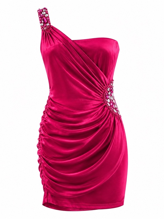 Speechless Dresses & Skirts - Speechless Womens One-Shoulder Pink Ruched Mini Dress With Rhinestone Embellishm